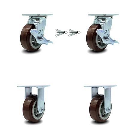 Service Caster 5 Inch Polyurethane Caster Set with 2 Brakes/Swivel Lock 2 Rigid SCC-30CS520-PPUR-TLB-BSL-2-R-2